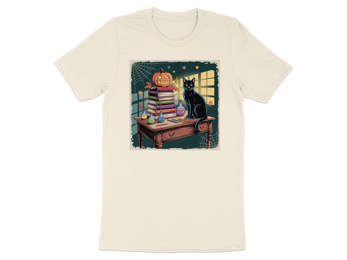 Black cat sits on desk with stacked books, jack-o-lantern, and potion bottles.