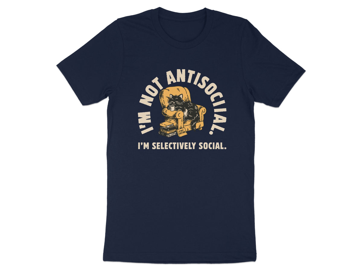 Navy t-shirt with graphic of a cat in an armchair reading "I'm not antisocial. I'm selectively social."