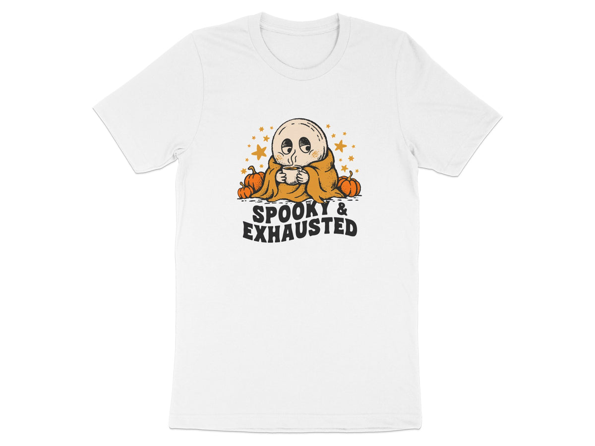 White t-shirt with cartoon ghost drinking coffee, surrounded by pumpkins and stars, text reads "SPOOKY & EXHAUSTED".