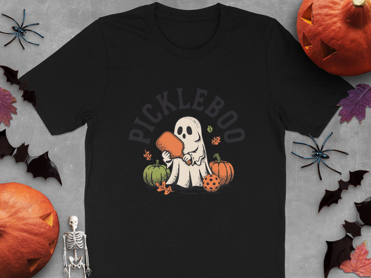 Black t-shirt with a "Pickleboo" ghost graphic holding a pickleball paddle.
