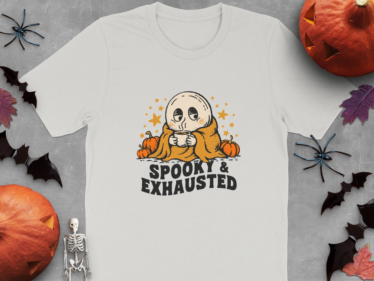 White t-shirt with ghost drinking coffee and "Spooky & Exhausted" text.