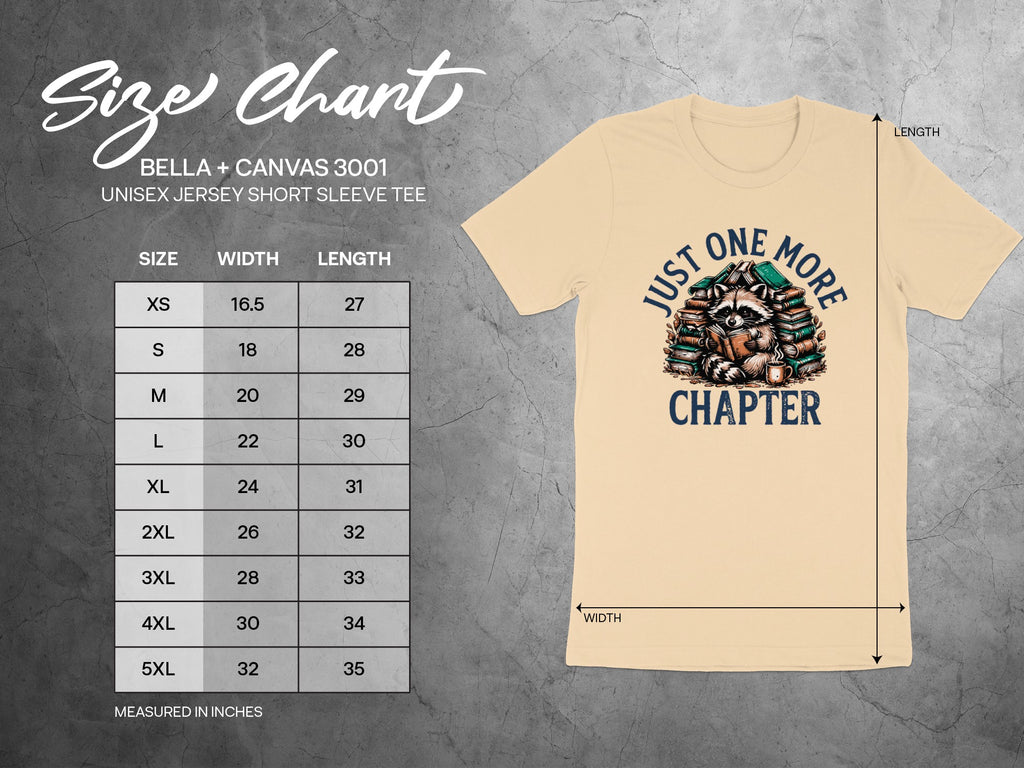 BELLA + CANVAS 3001 size chart for unisex short sleeve tees with raccoon graphic.
