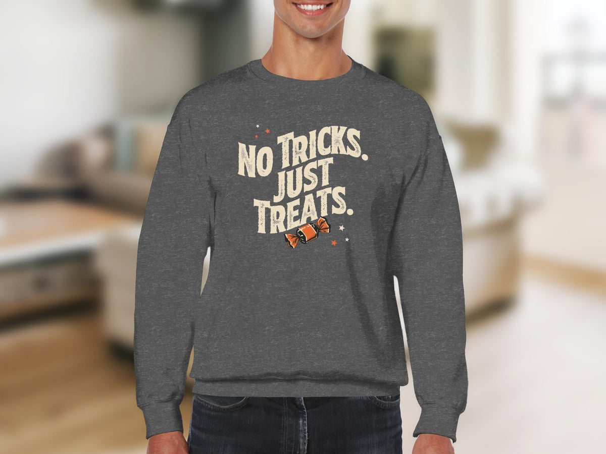 Dark gray sweatshirt with "No Tricks. Just Treats." and candy graphic.