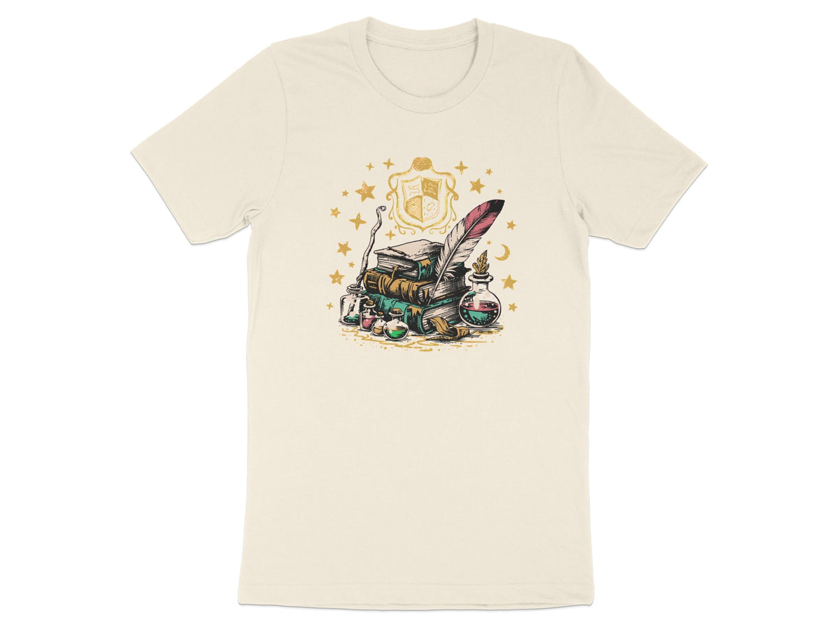 Stack of books with feather quill, inkwell, potion bottles, and coat of arms.
