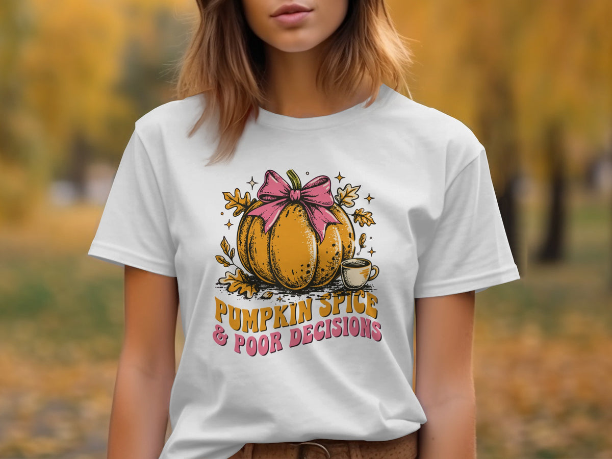 White t-shirt graphic with a pumpkin, coffee cup, and text reading "Pumpkin Spice & Poor Decisions".