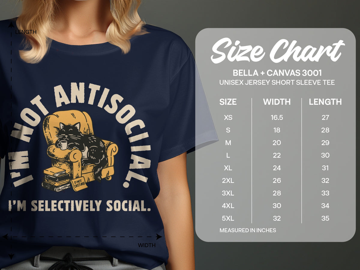 Navy t-shirt with a cat on a chair and "I'm Not Antisocial" text.