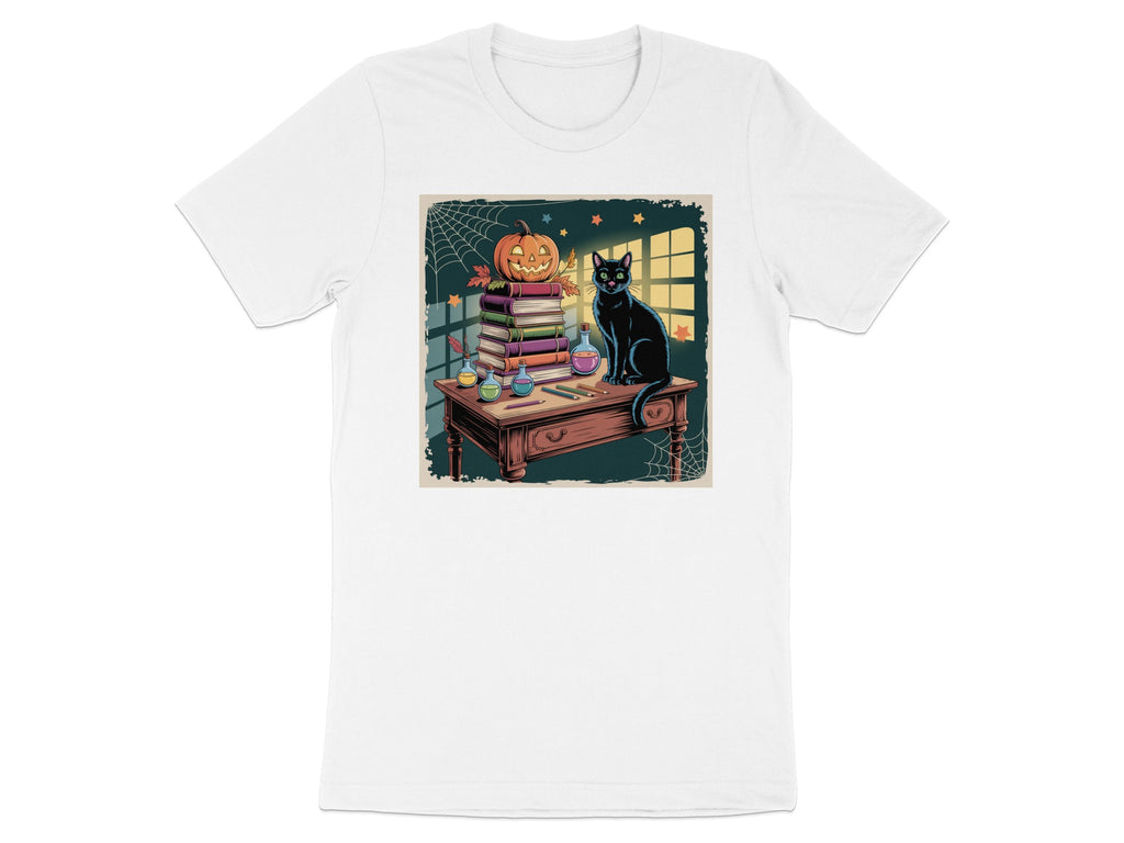 Black cat sits on a desk with a stack of books and a jack-o'-lantern.