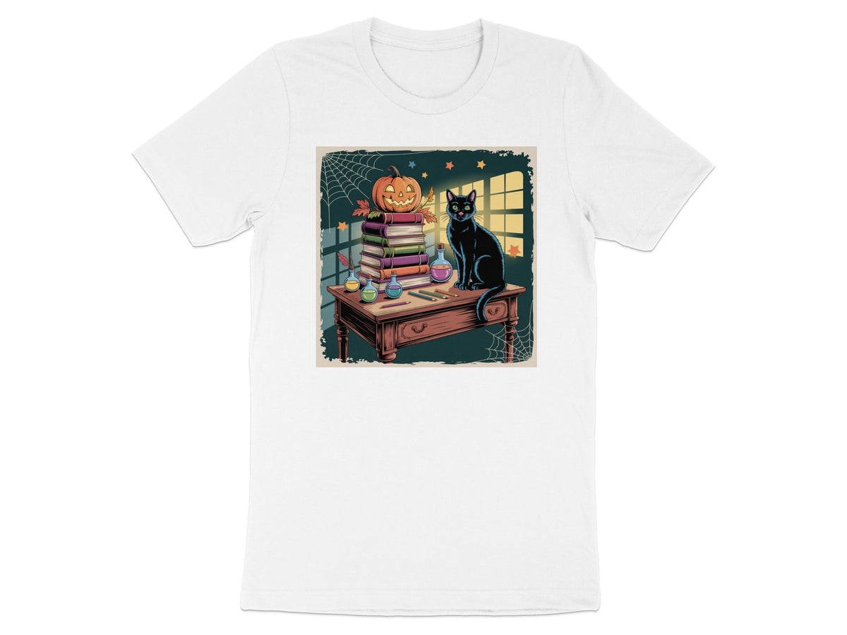 Black cat sits on a desk with a stack of books and a jack-o'-lantern.
