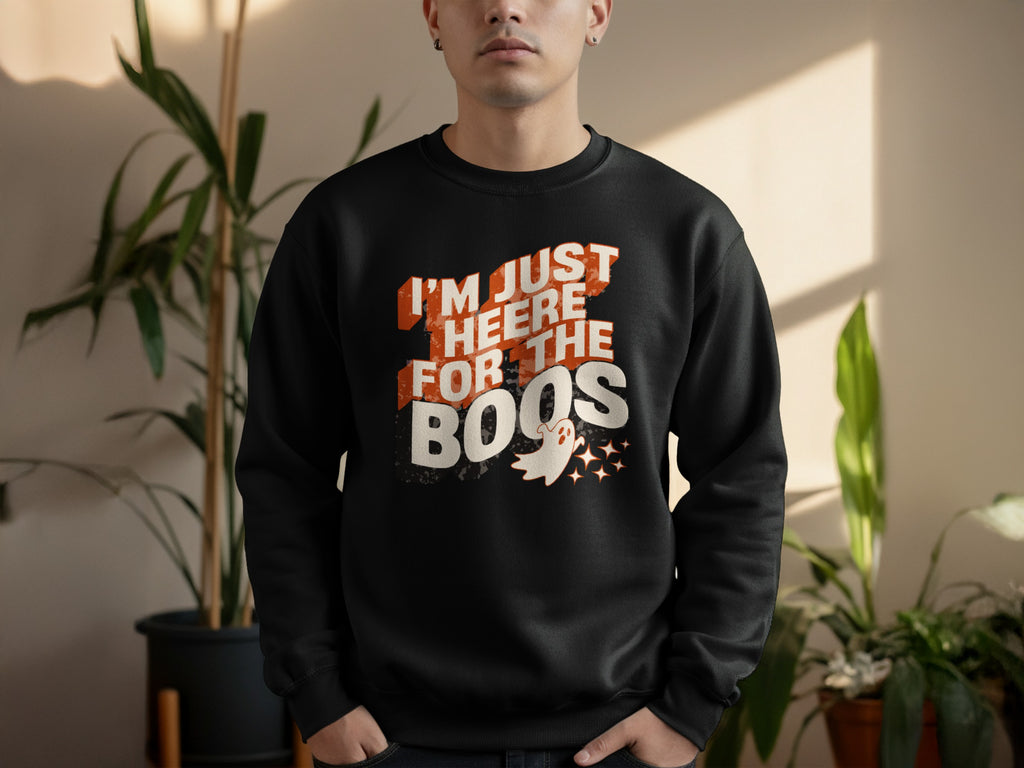 Black sweatshirt with text "I'm Just Heere For The Boos" and a ghost graphic.