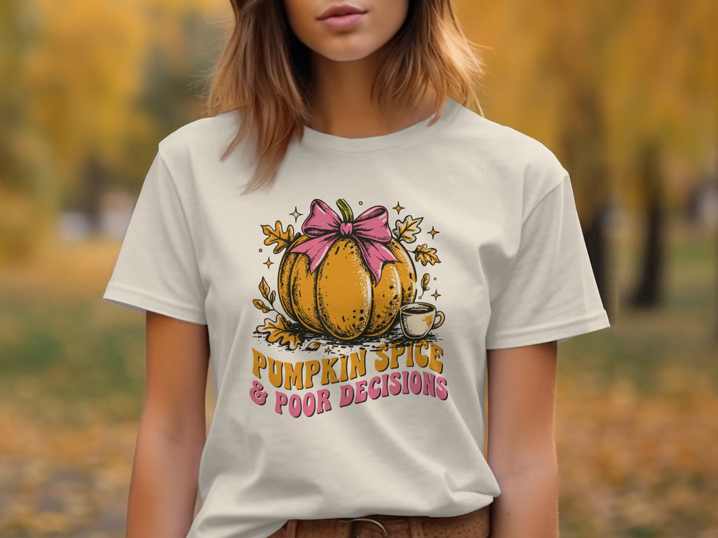 T-shirt graphic with pumpkin, bow, coffee cup, and text "Pumpkin Spice & Poor Decisions."