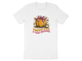 White t-shirt graphic with pumpkin, bow, coffee cup, and text "PUMPKIN SPICE & POOR DECISIONS".