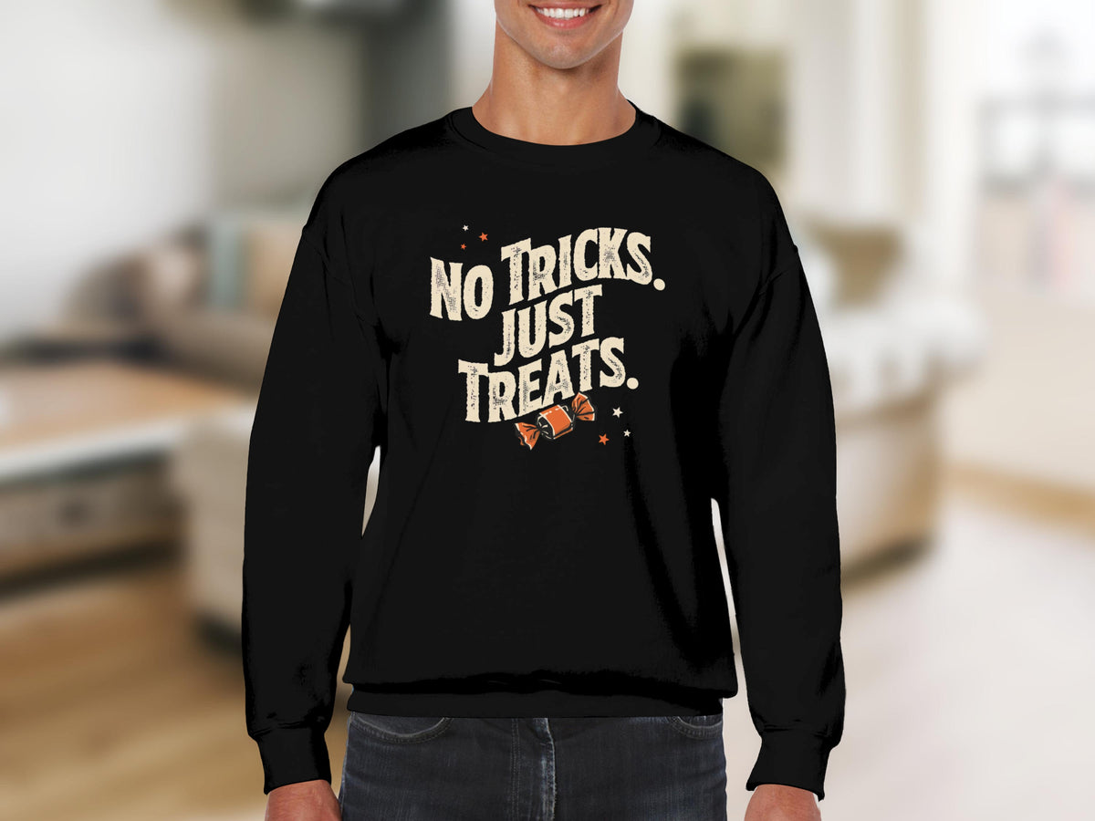 Black sweatshirt with "No Tricks. Just Treats." text and candy graphic.