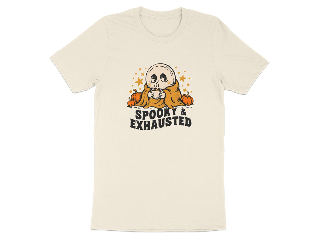 T-shirt with ghost graphic and text "SPOOKY & EXHAUSTED".