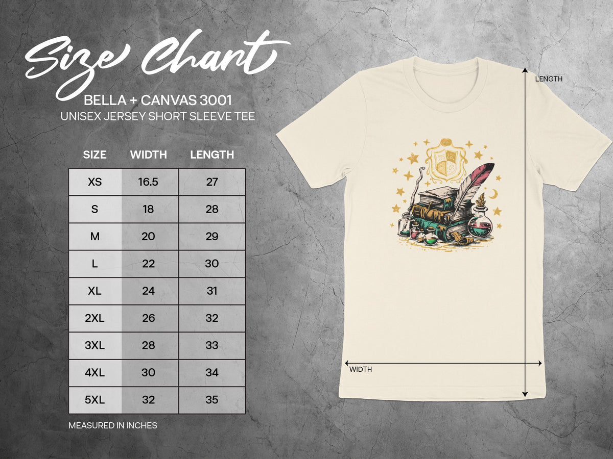 BELLA + CANVAS 3001 unisex jersey short sleeve tee size chart with measurements.