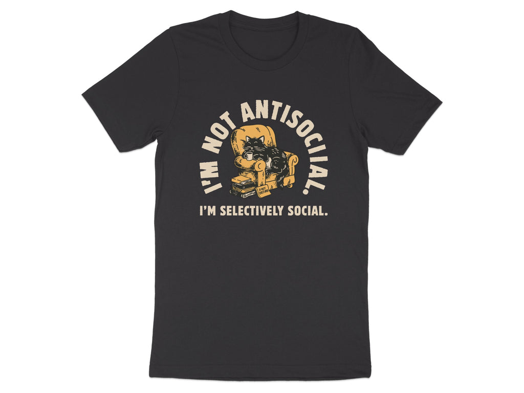 Black cat on armchair with mug, text reads "I'm not antisocial. I'm selectively social."