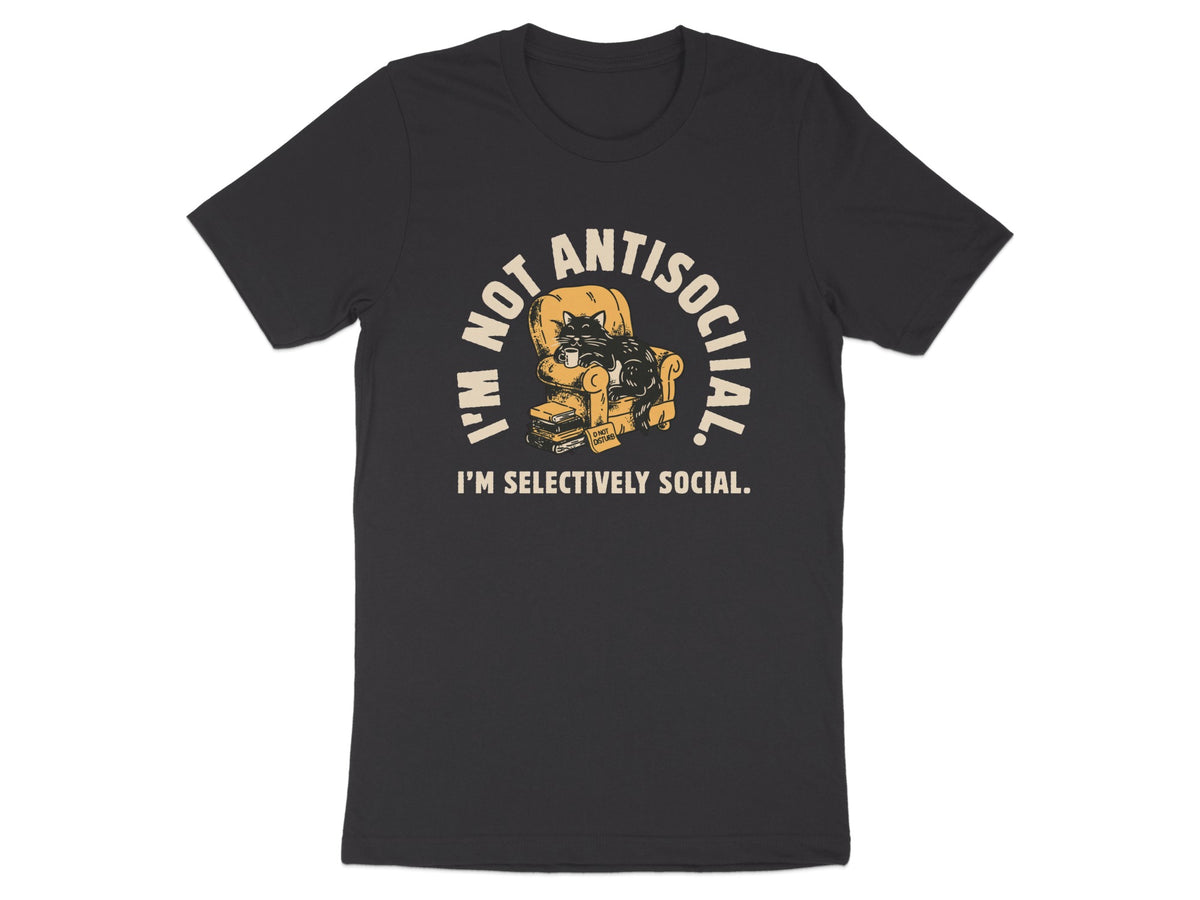 Black cat on armchair with mug, text reads "I'm not antisocial. I'm selectively social."