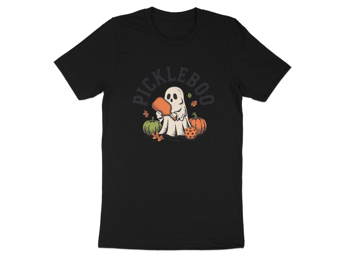 Ghost holding pickleball paddle with pumpkins and leaves, "PICKLEBOO" text.