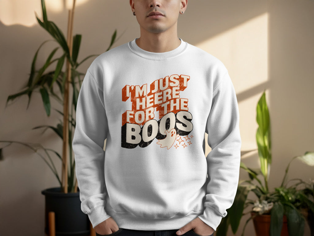 White sweatshirt with "I'm Just Heere For The Boos" and a ghost graphic.