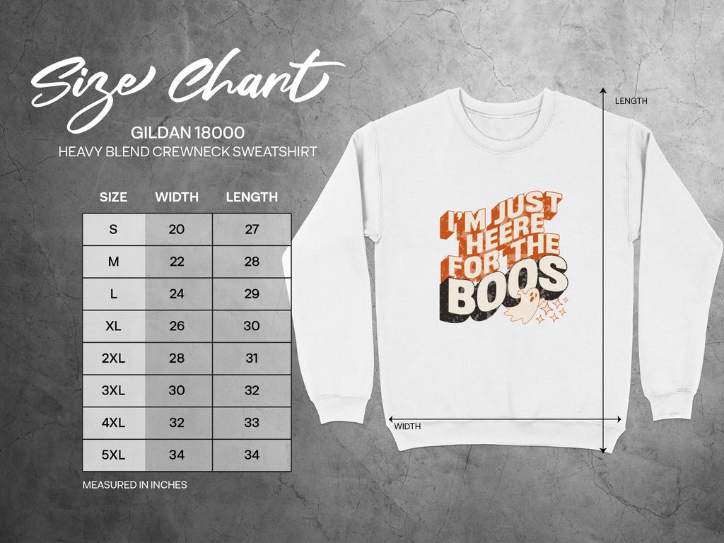 Gildan 18000 sweatshirt size chart with measurements in inches and a ghost graphic.