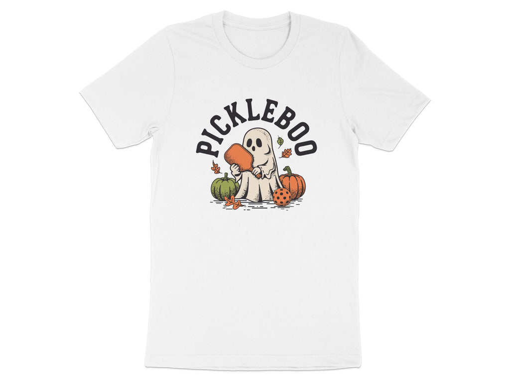 Ghost holding pickleball paddle with "PICKLEBOO" text and pumpkins.
