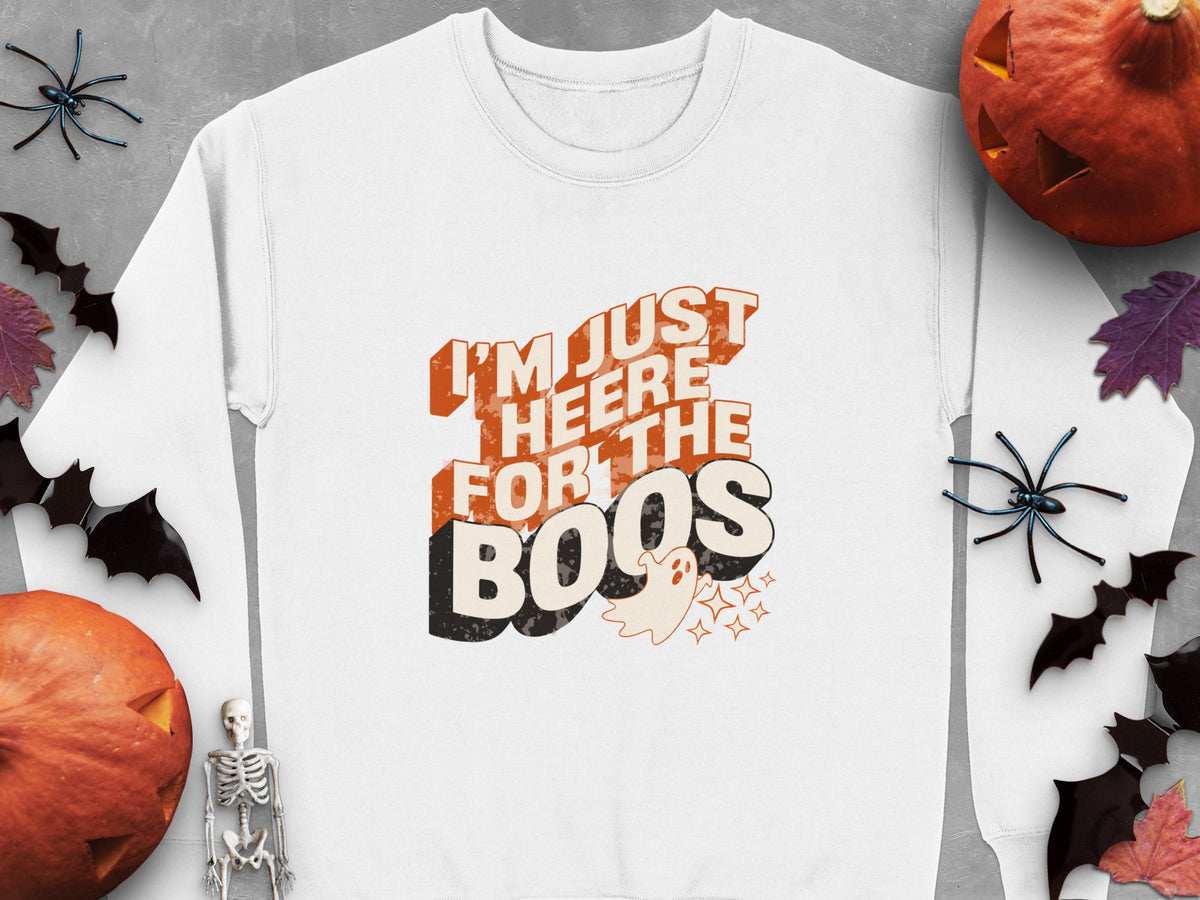 White sweatshirt with "I'm Just Heere For The Boos" Halloween graphic.