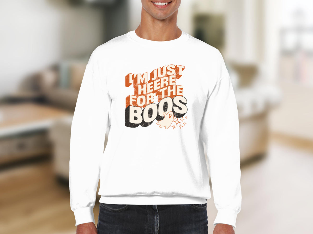 White sweatshirt with "I'm Just Heere For The Boos" text and a ghost.