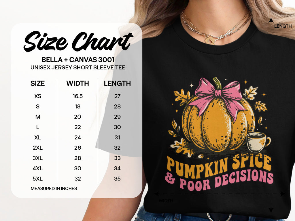 Black unisex jersey short sleeve tee with pumpkin graphic and "Pumpkin Spice & Poor Decisions" text.