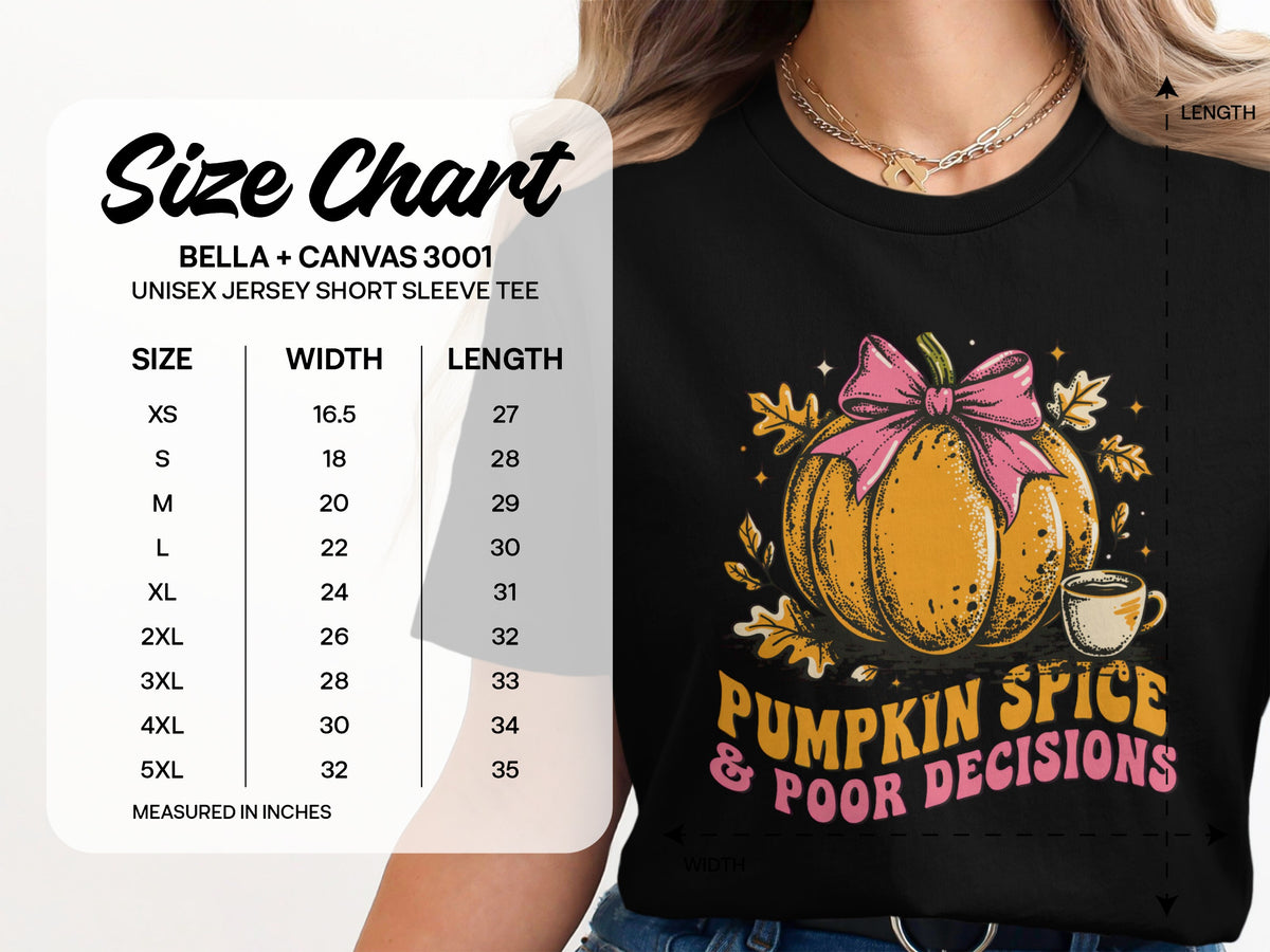 Black unisex jersey short sleeve tee with pumpkin graphic and "Pumpkin Spice & Poor Decisions" text.