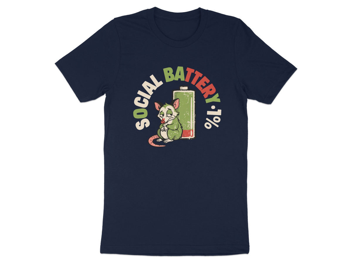 T-shirt with cartoon opossum and battery graphic that reads "SOCIAL BATTERY · 1%".