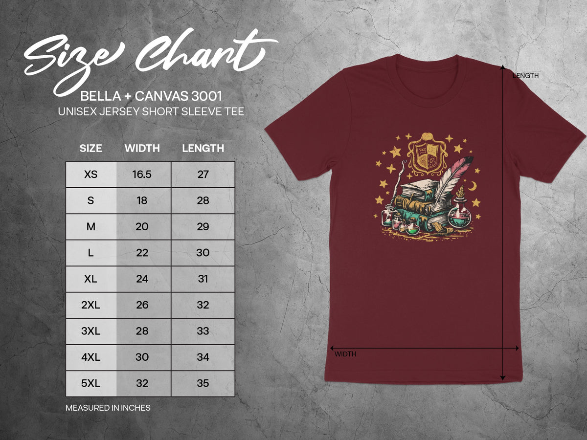 BELLA + CANVAS 3001 unisex short sleeve tee size chart with width and length measurements.