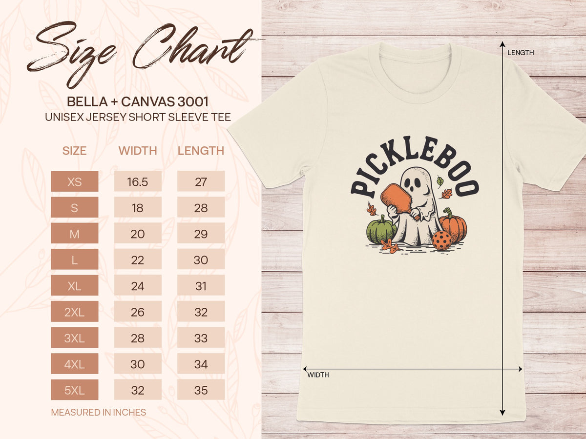 BELLA + CANVAS 3001 size chart with ghost and pumpkins graphic.