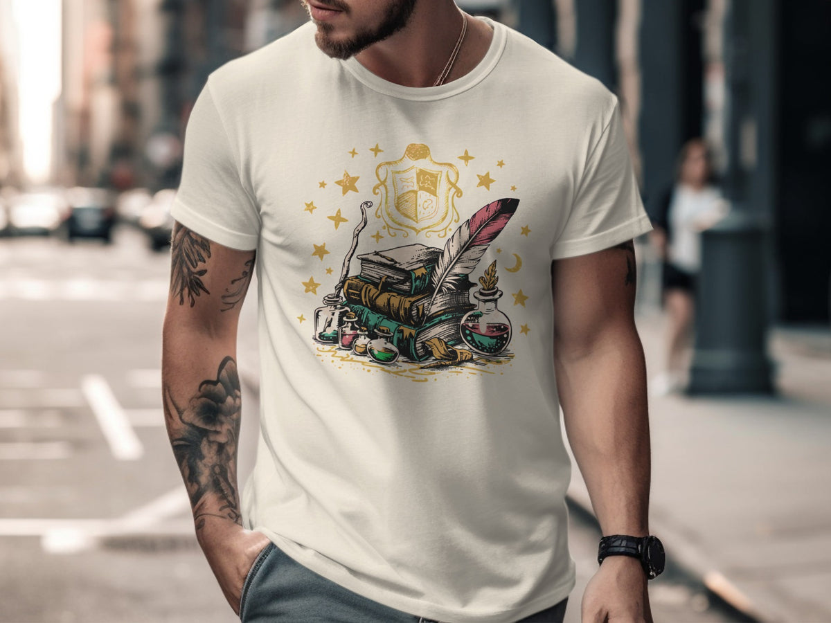 Cream t-shirt with medieval alchemy and study graphic.