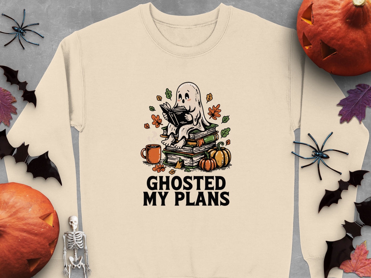 Ghost reading books with pumpkins and text "Ghosted My Plans".