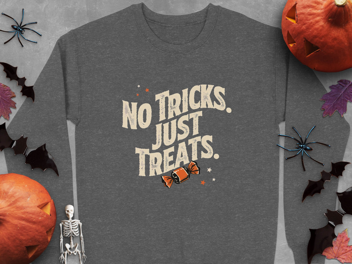 Dark grey crewneck sweatshirt with "NO TRICKS. JUST TREATS." text and candy graphic.