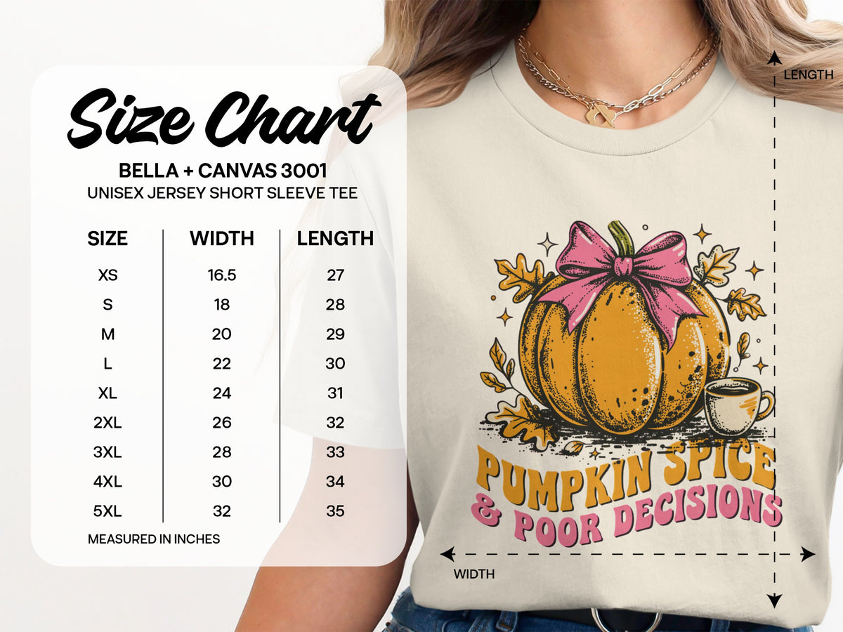 Unisex Bella+Canvas 3001 size chart showing width and length measurements in inches.