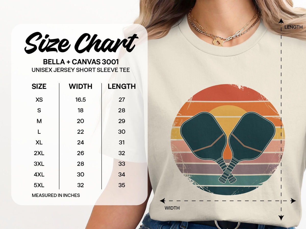 Bella + Canvas 3001 unisex t-shirt size chart with width and length measurements.