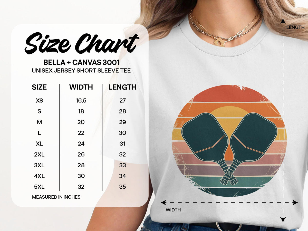 Bella + Canvas 3001 Unisex Jersey Short Sleeve Tee Size Chart with measurements in inches.