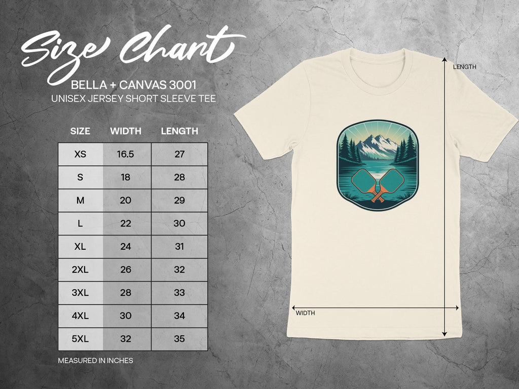 BELLA + CANVAS 3001 unisex short sleeve tee size chart in inches.
