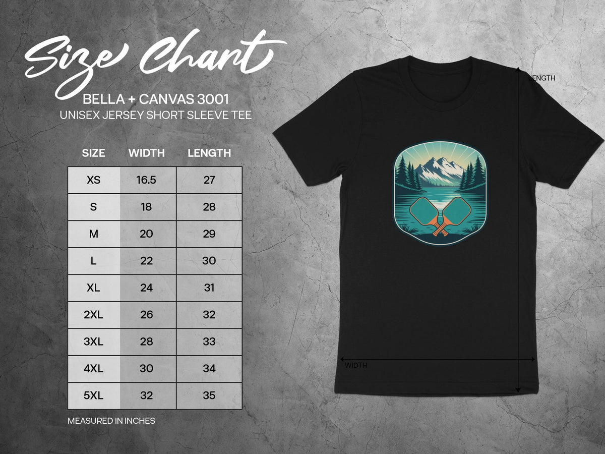 Bella + Canvas 3001 unisex short sleeve tee size chart with width and length measurements.