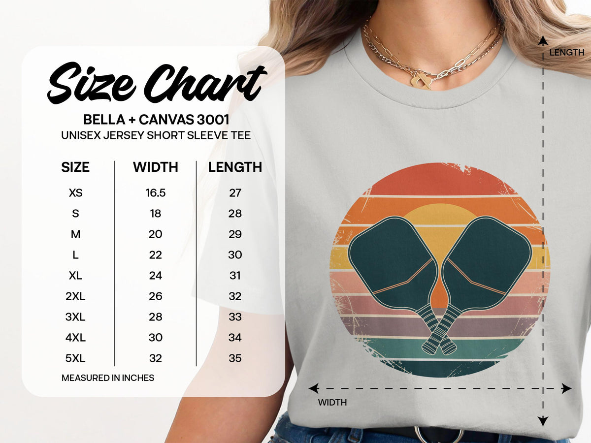 Size chart for Bella + Canvas 3001 unisex jersey short sleeve tee with measurements.