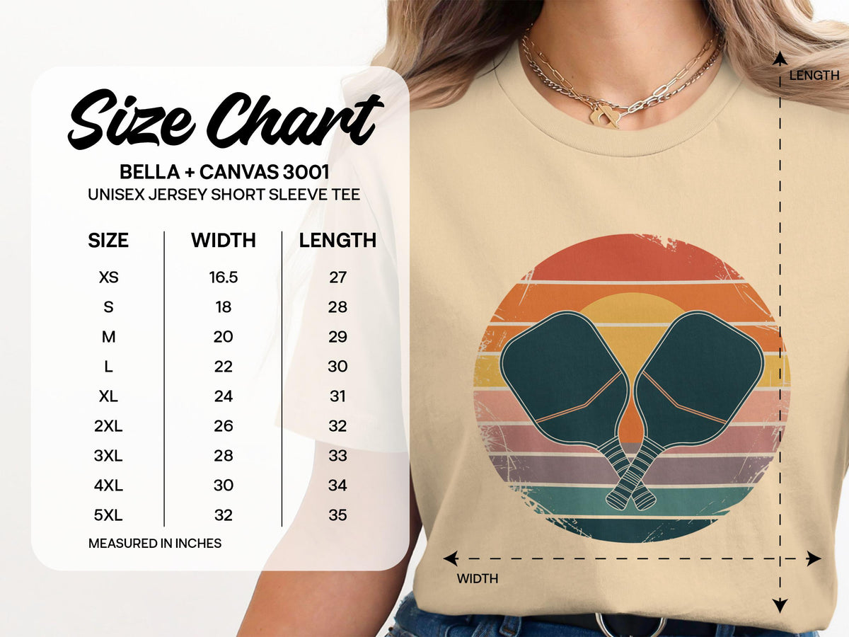 Unisex t-shirt size chart with measurements for width and length.
