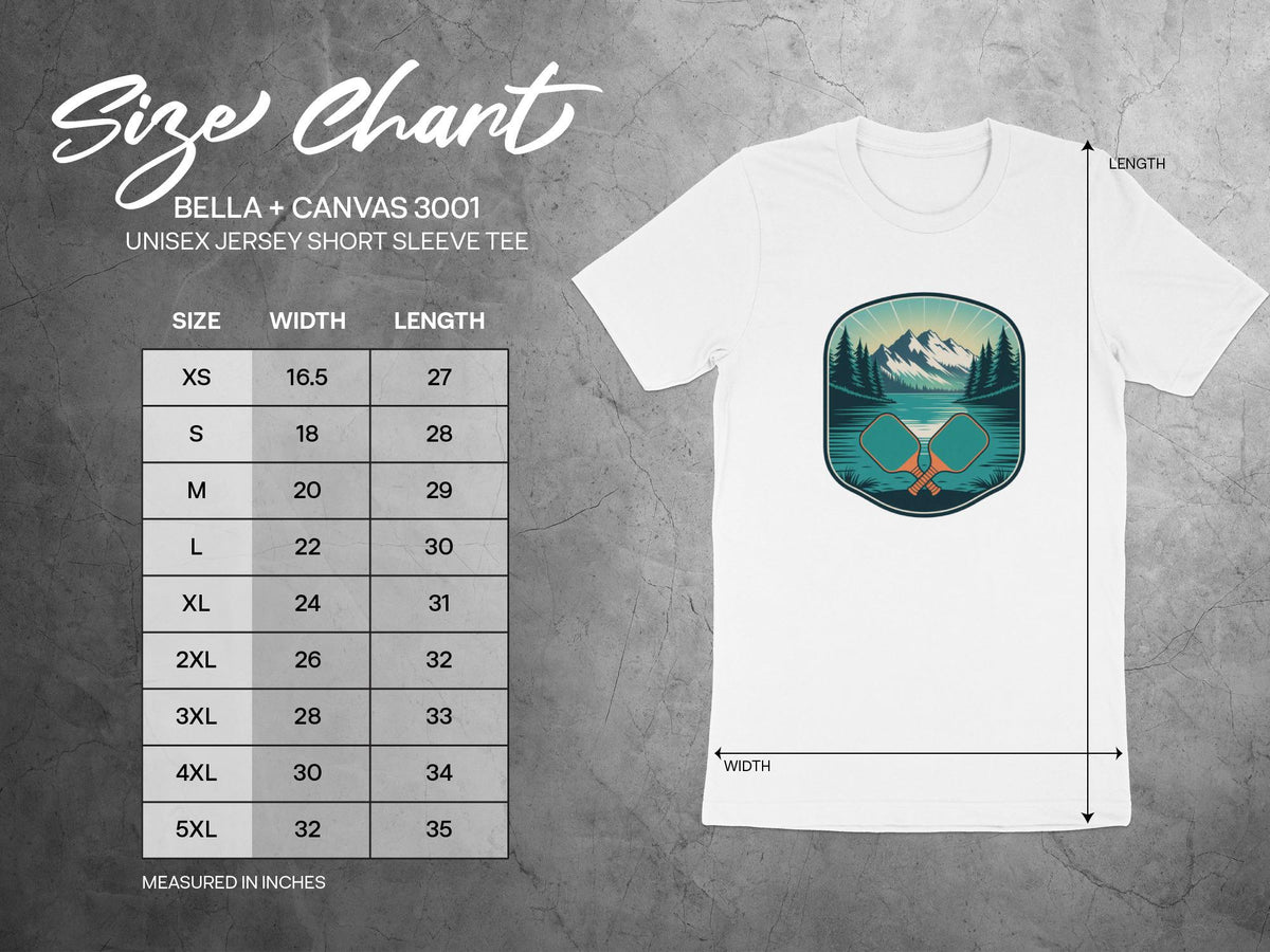 Size chart for Bella + Canvas 3001 unisex short sleeve tee, measured in inches.